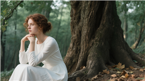 欧美白裙美女树下沉思图片